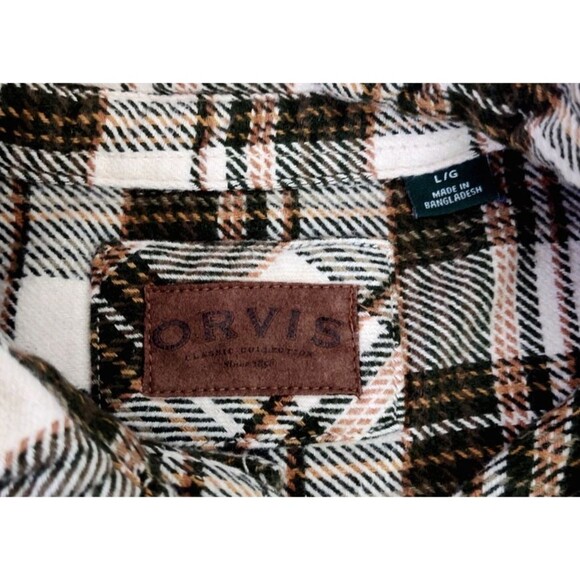 Orvis Heavy Flannel Mens Sz L Shirt Plaid Button Up Green Cream w Side Pockets - Picture 7 of 12